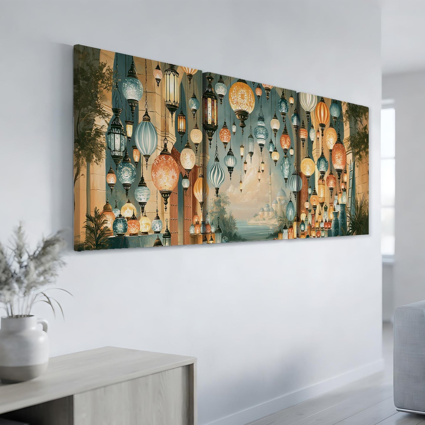 a large, colorful painting of hanging lanterns on a wall, creating a vibrant and lively atmosphere.