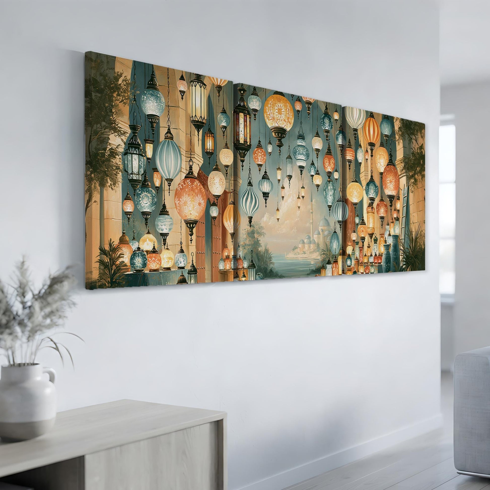 a large, colorful painting of hanging lanterns on a wall, creating a vibrant and lively atmosphere.