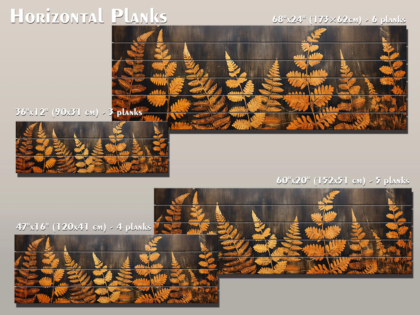 Golden Ferns Rustic Art Printed on Natural Wood – Botanical Wall Decor