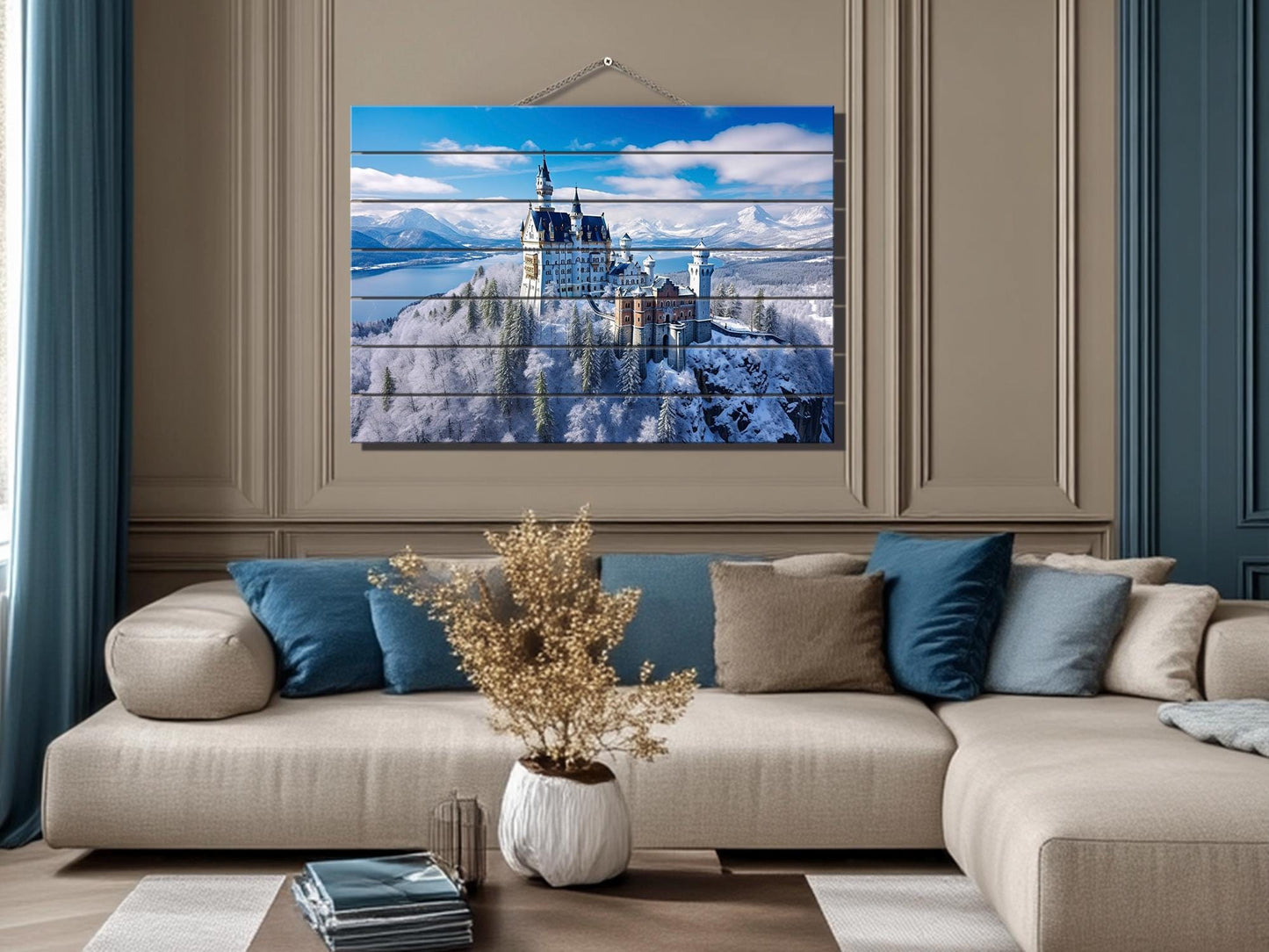 Neuschwanstein Castle Painting – Winter Castle Wall Art on Natural Wood Planks