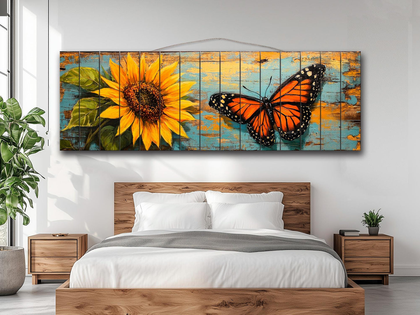 Wood Wall Art – Rustic Butterfly Wood Print & Sunflower Floral Decor Panel