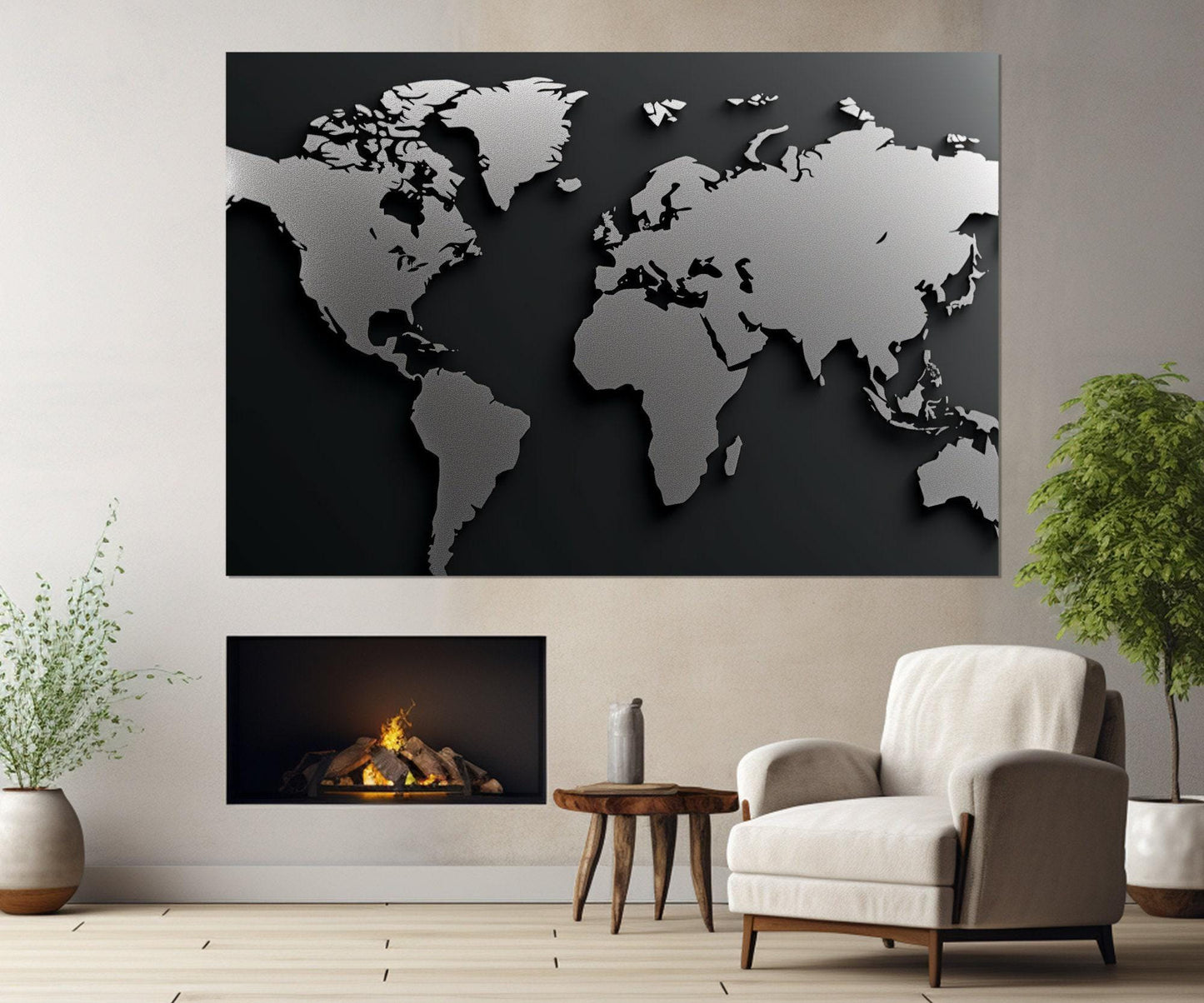 Monochrome World Map Canvas – Modern Office Decor | Framed & Ready to Hang