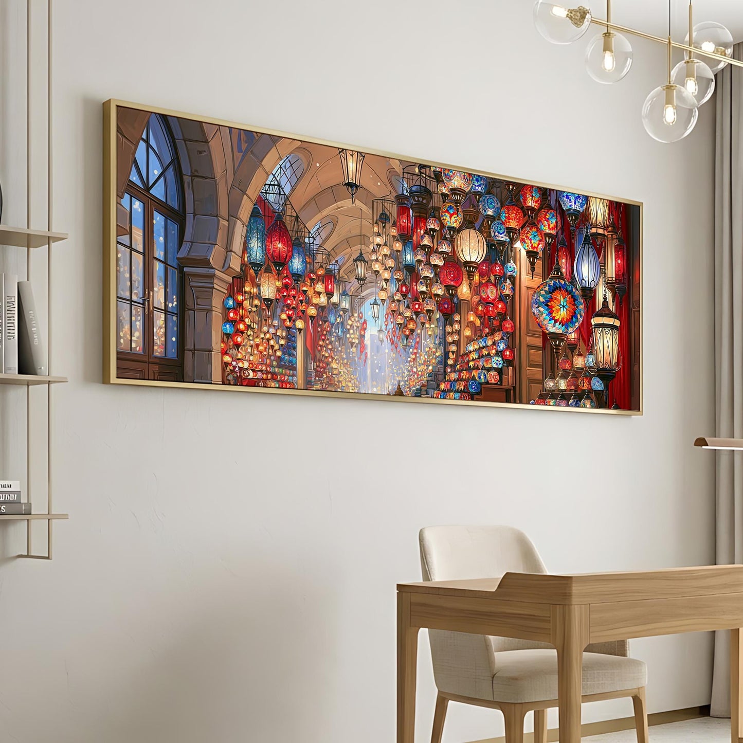 a large, colorful painting of a lantern-filled hallway or market scene, hanging on a wall above a wooden desk and chair.