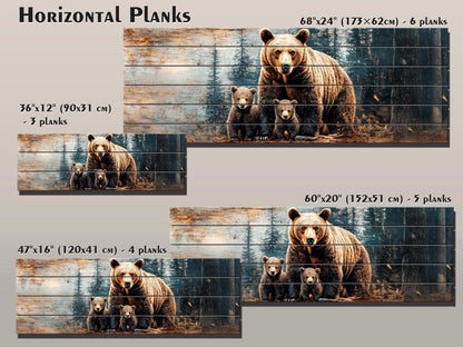 Grizzly Bear Wall Art - Rustic Wood Print with Bear Family Painting on Natural Wood Planks
