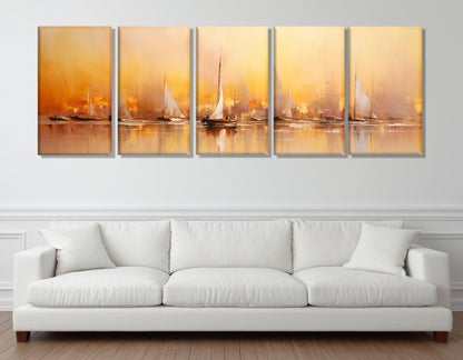 Yacht Canvas Print – Framed Sailing Wall Art With Abstract Sailboats and Sunset