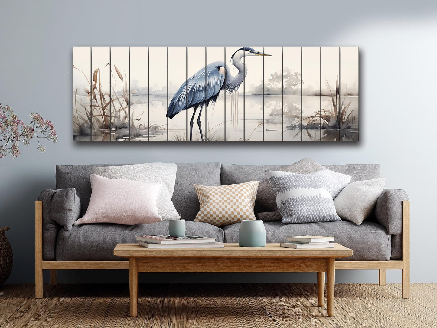 Rustic Heron Wall Art – Wooden Bird Print on Natural Wood Plank Artwork