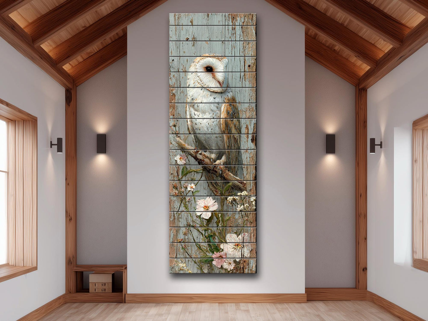 Rustic Wood Wall Art – Barn Owl and Wildflowers on Wood Planks – Farmhouse Nature Decor