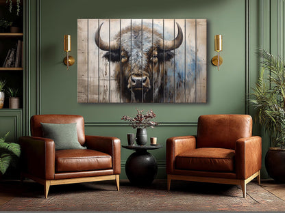Rustic Wood Wall Art – Bison Abstract Painting on Wooden Planks | Farmhouse Decor