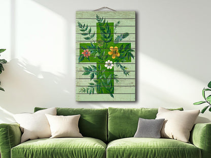 Rustic Wood Wall Art – Floral Medical Cross Print on Wood | Farmhouse Botanical Decor