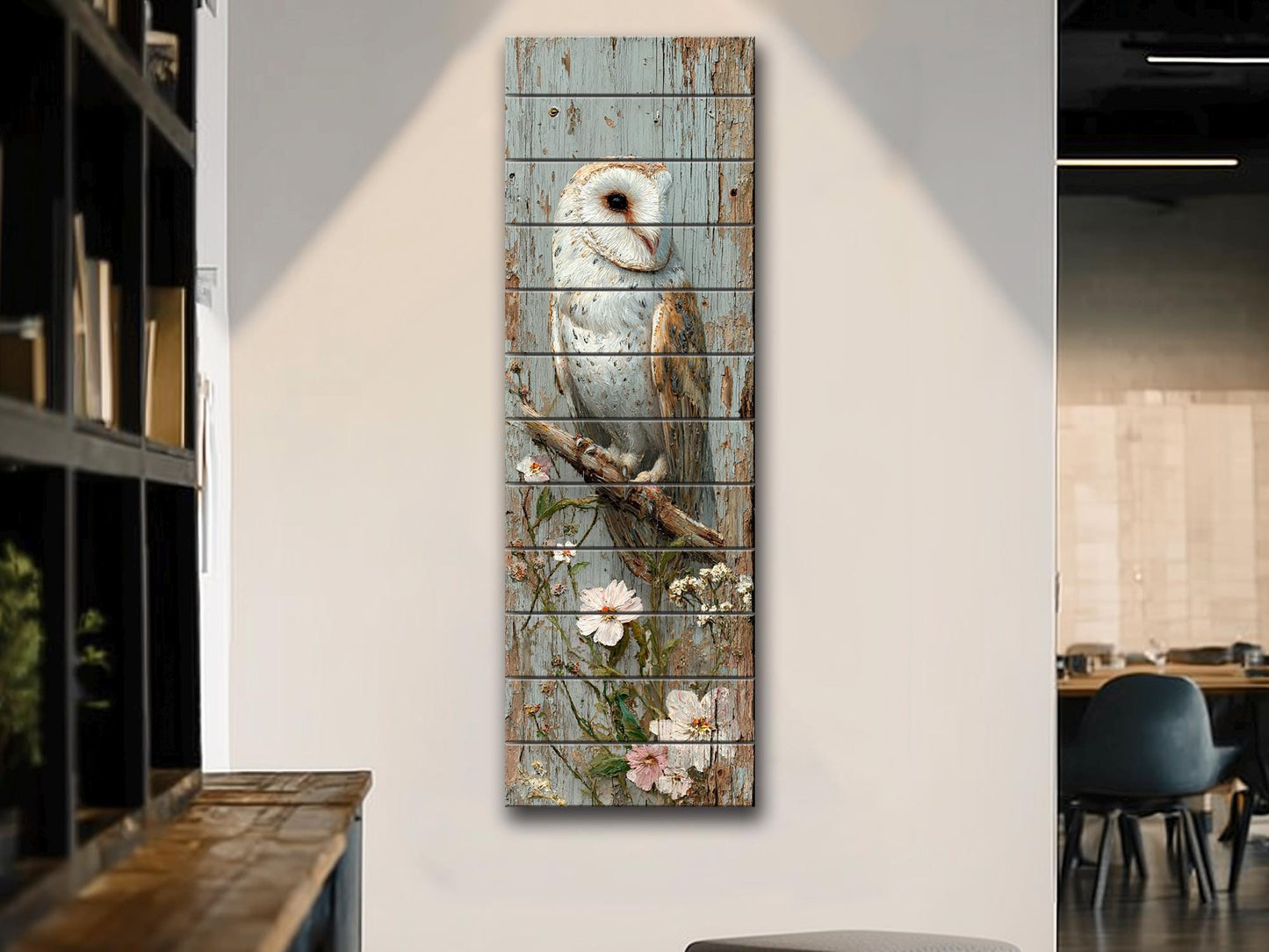 Rustic Wood Wall Art – Barn Owl and Wildflowers on Wood Planks – Farmhouse Nature Decor
