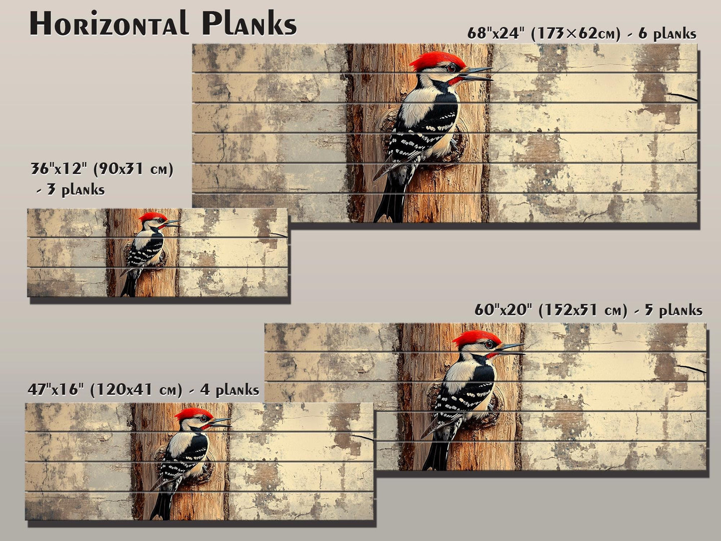 Rustic Wood Wall Art - Woodpecker on a tree Vintage Style Painting Printed on Natural Wood, Woodpecker Print, Forest Birds Print