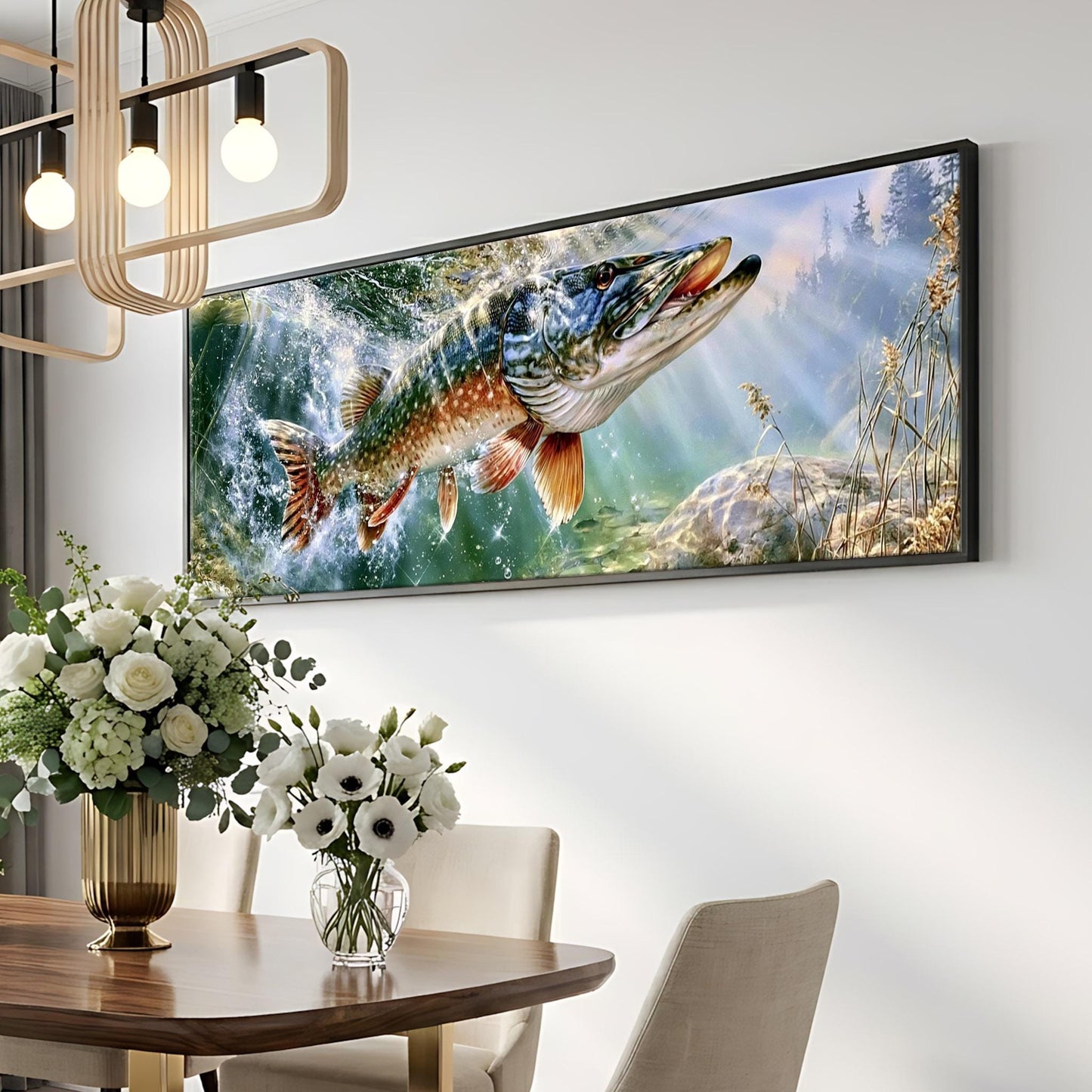 a large framed painting of a fish swimming in a river, hanging on a wall above a dining table with a vase of flowers.
