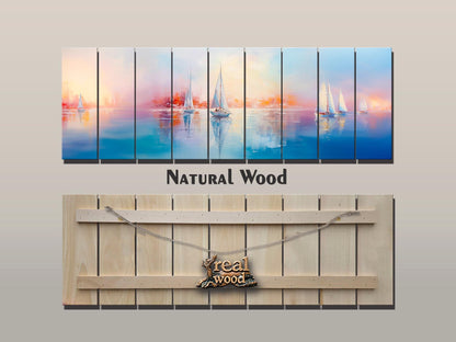 Nautical Wood Wall Art – Abstract Sailboats Painting Printed on Wood, Rustic Coastal Decor