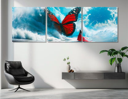 Large Abstract Canvas Print, Red Butterfly in Sea Wave, Framed and Ready to Hang