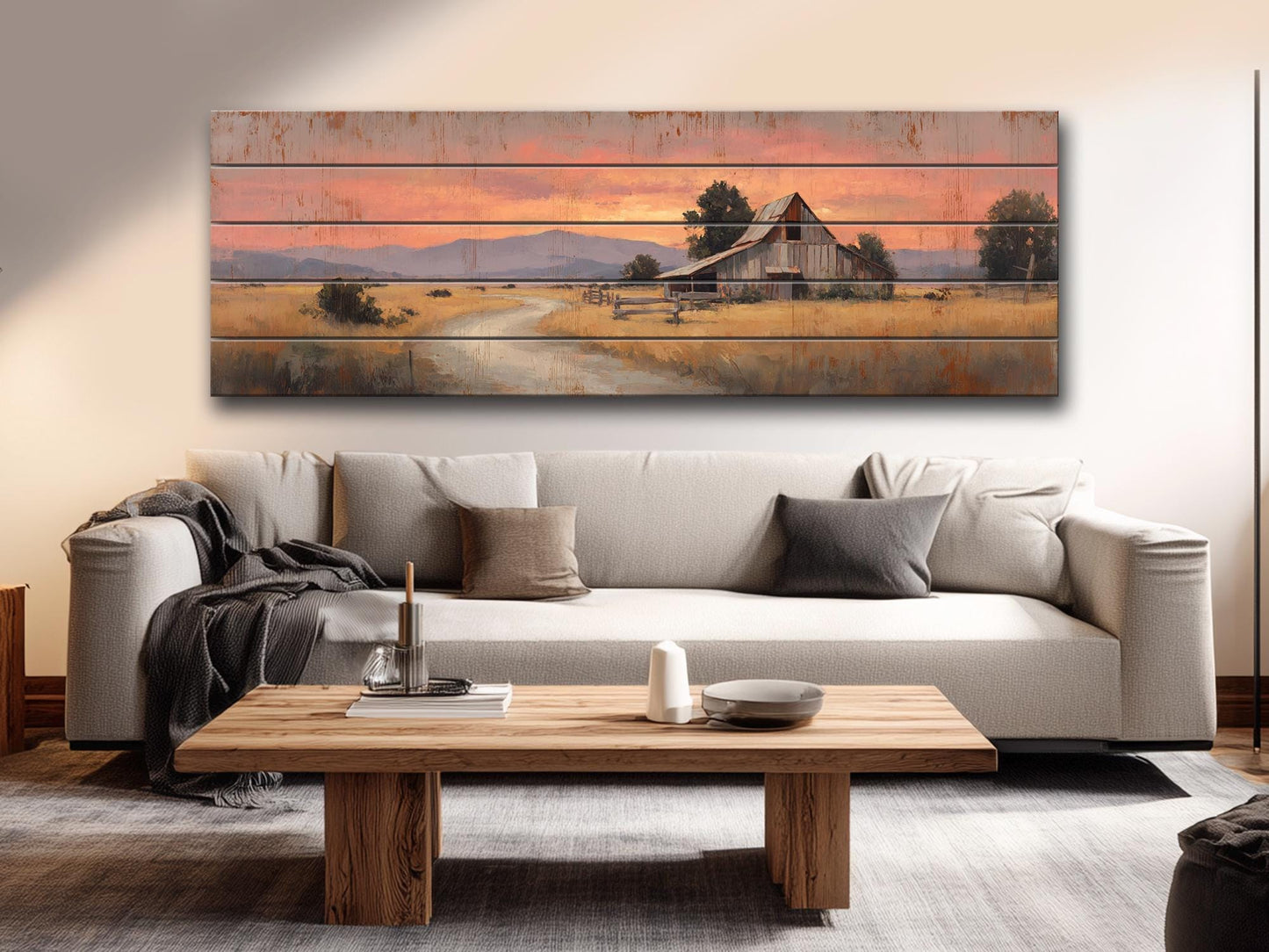Rustic Barn Wall Art – Handcrafted Wood Print of Peaceful Country Barn at Sunset