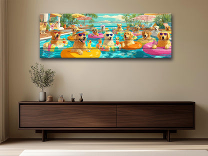 Golden Retriever Wall Art – Playful Pool Party Dog Print on Rustic Wood