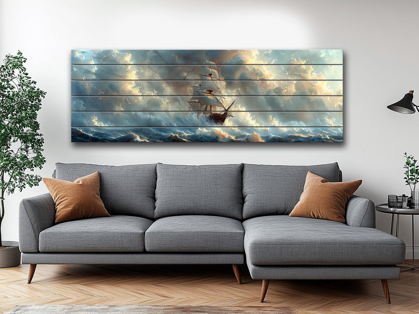 Wood Wall Art – Vintage Sailing Boat Stormy Sea Painting on Natural Wood Planks