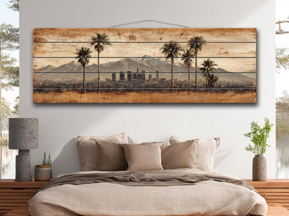 Los Angeles Wood Art - Rustic Wood Print With Palm Trees & Mountains | Farmhouse Wall Decor