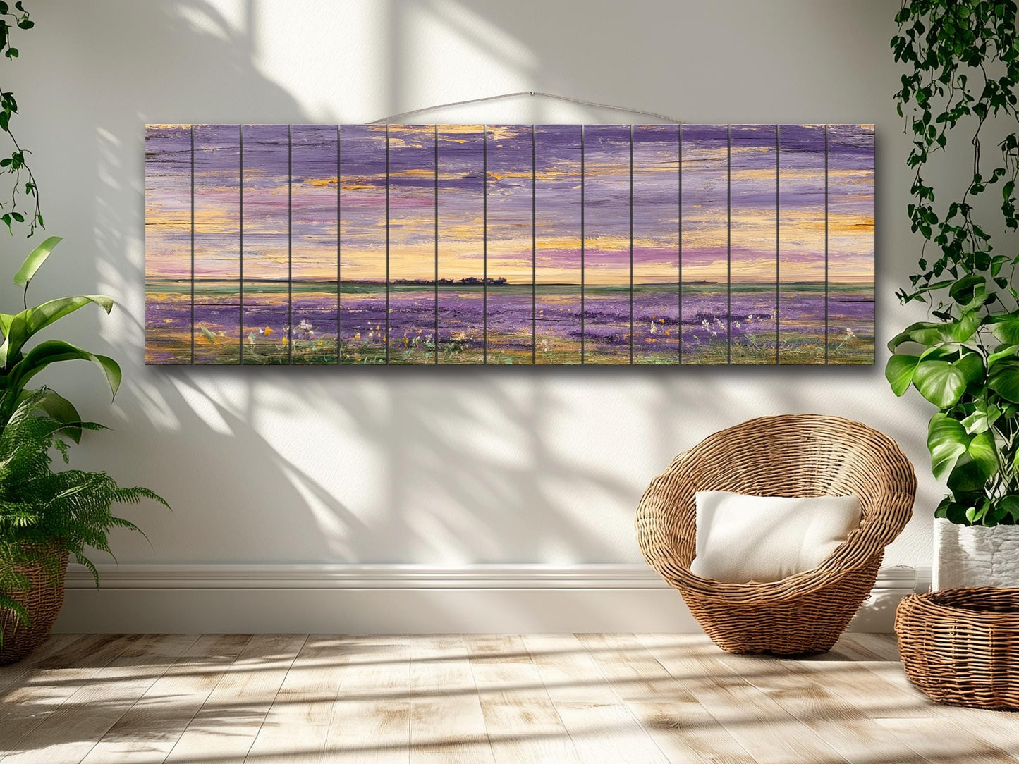 Wood Wall Art – Dreamy Lavender Field Print | Rustic Cabin Decor & Natural Wood Plank Artwork