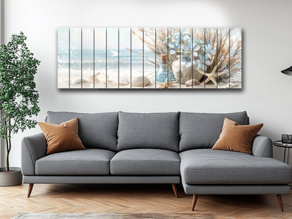 Wooden Wall Art – Coastal Beach Still Life Print on Natural Wood Planks
