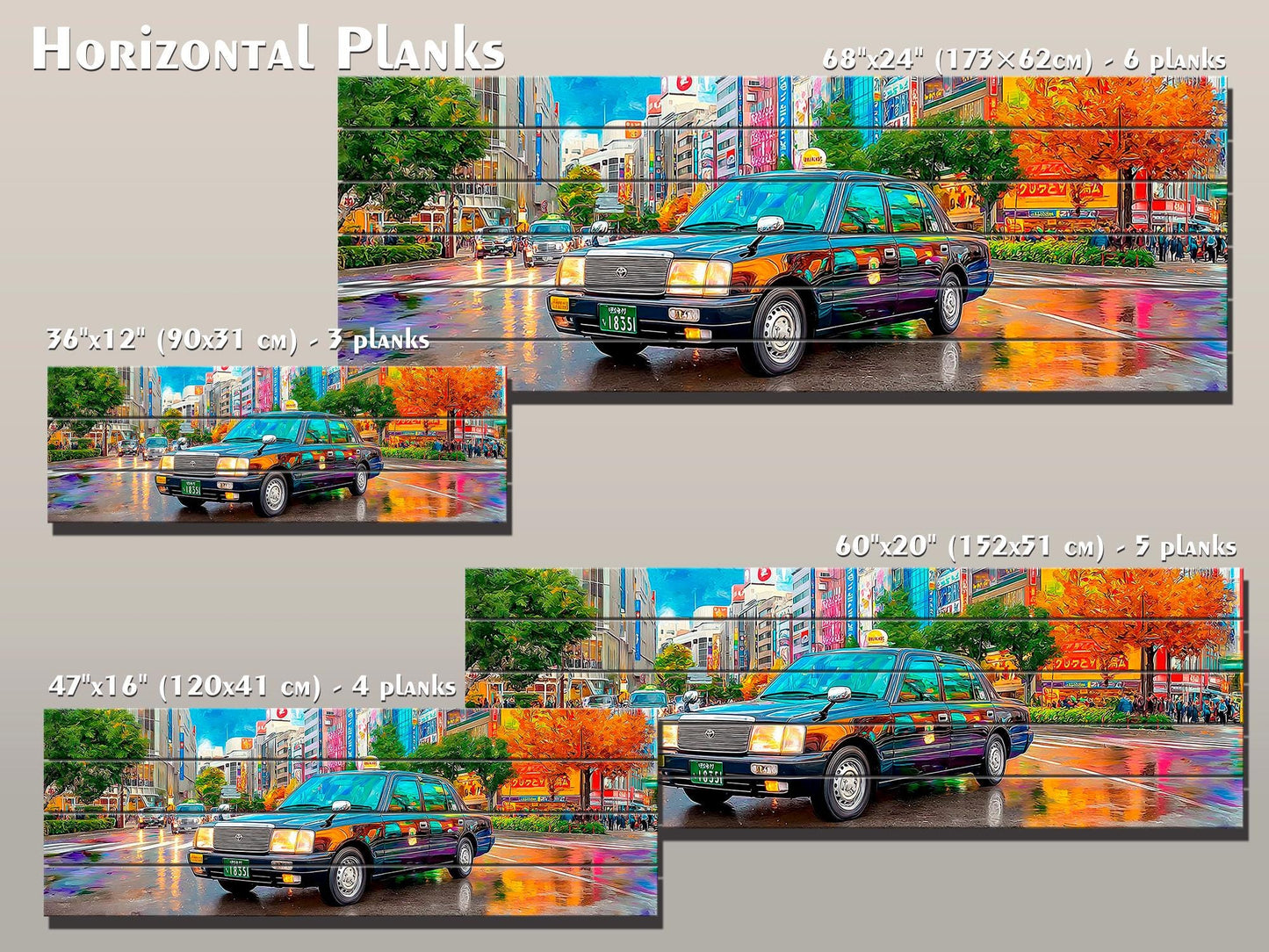 Tokyo Taxi Wood Art, Japanese Street Print