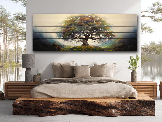 Yggdrasil Tree of Life Natural Wood Art - UV Printed Wood Plank Wall Decor