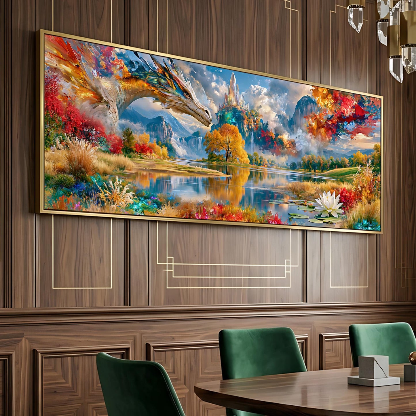 a large, colorful painting of a dragon flying over a landscape with mountains, trees, and a lake. The painting is displayed on a wooden wall above a dining table with green chairs.