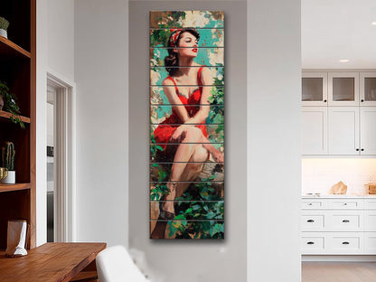 Pin Up Wood Print - Vintage Wall Art on Rustic Wood Plank with Forest Scene