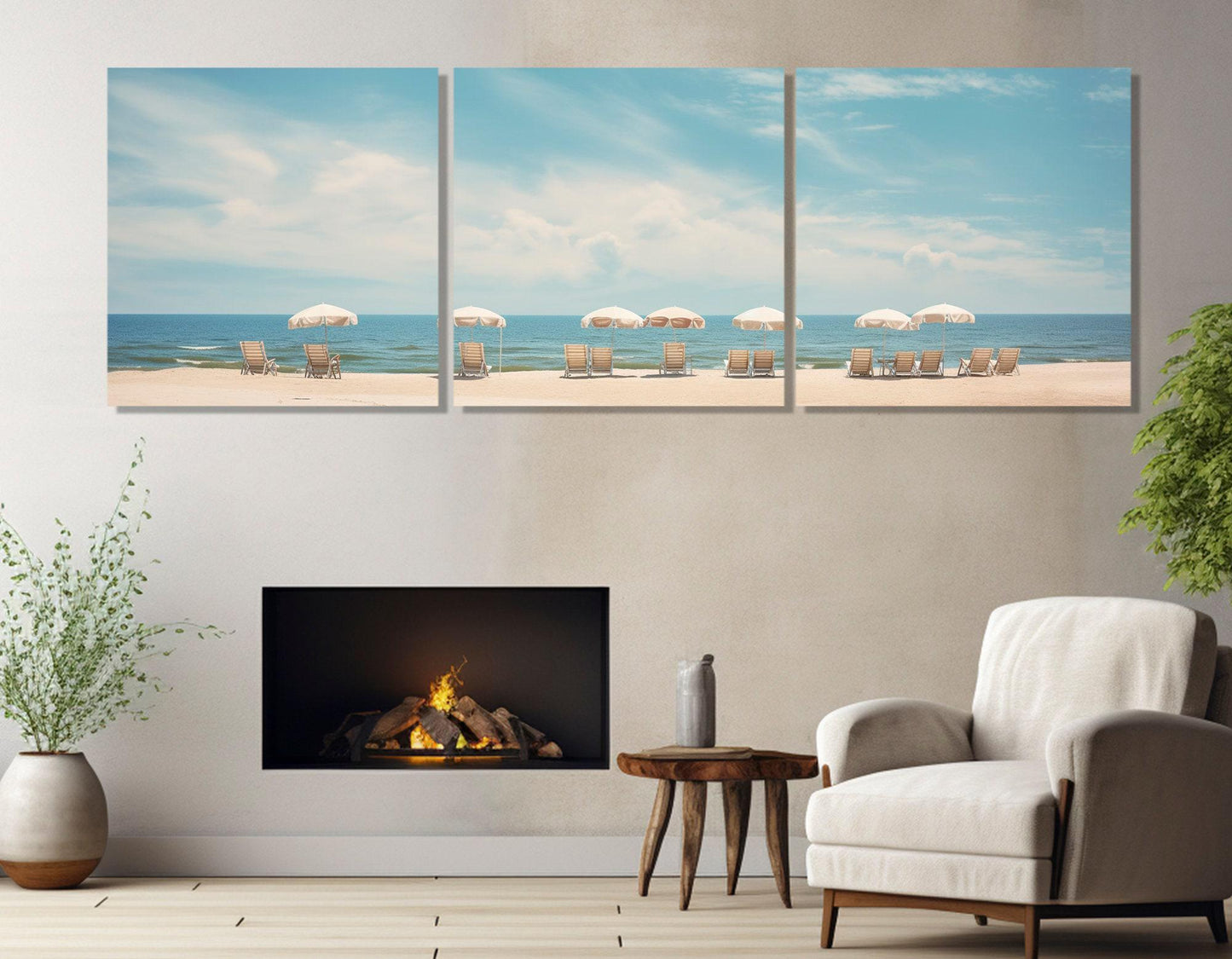 Beach Canvas Print - Framed Canvas Art with Sun Loungers & Umbrellas, Ready to Hang