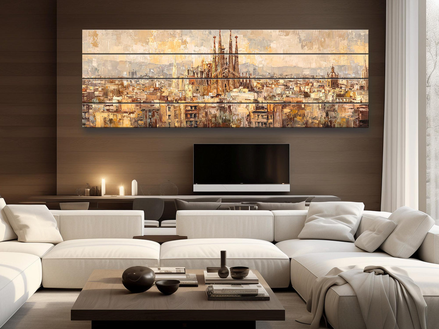 Barcelona Wall Art – Rustic Wood Print Featuring Sagrada Familia Beige & Gold Painting