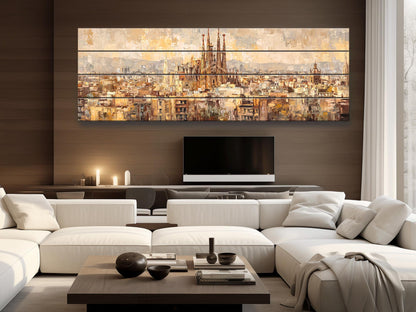 Barcelona Wall Art – Rustic Wood Print Featuring Sagrada Familia Beige & Gold Painting