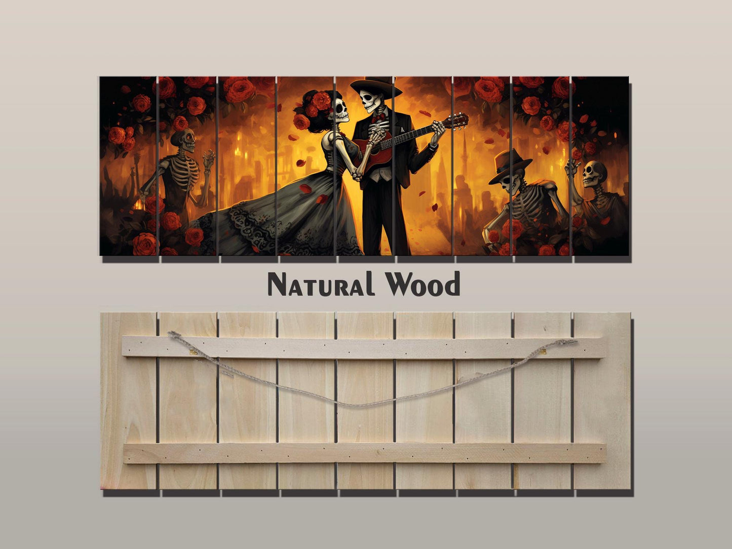 Day of the Dead Dancing Print On Natural Wood -Mexican Wall Art