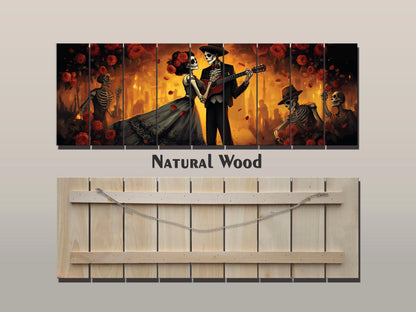 Day of the Dead Dancing Print On Natural Wood -Mexican Wall Art