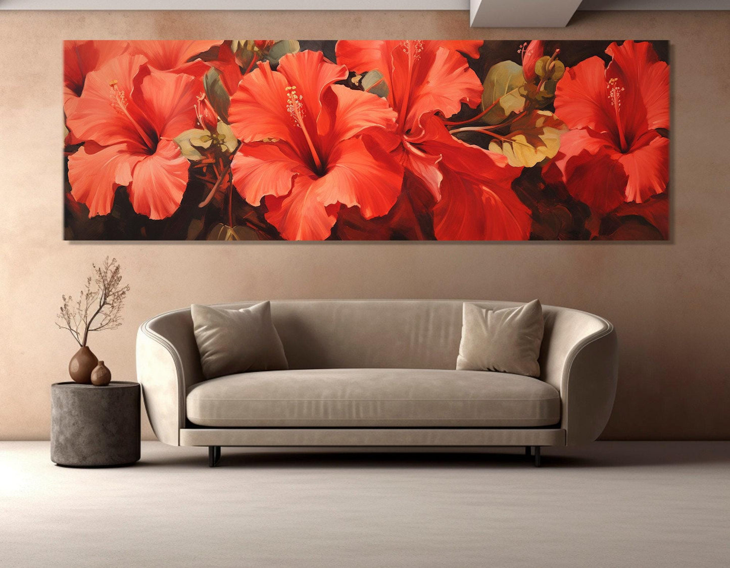 Red Hibiscus Canvas - Large Floral Wall Art | Abstract Flower Painting, Ready to Hang