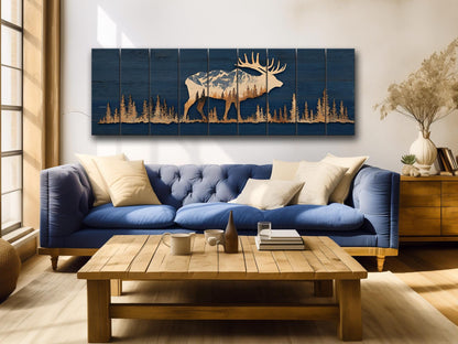 Elk Silhouette Wall Art - Rustic Wildlife Decor With Mountain Forest Print