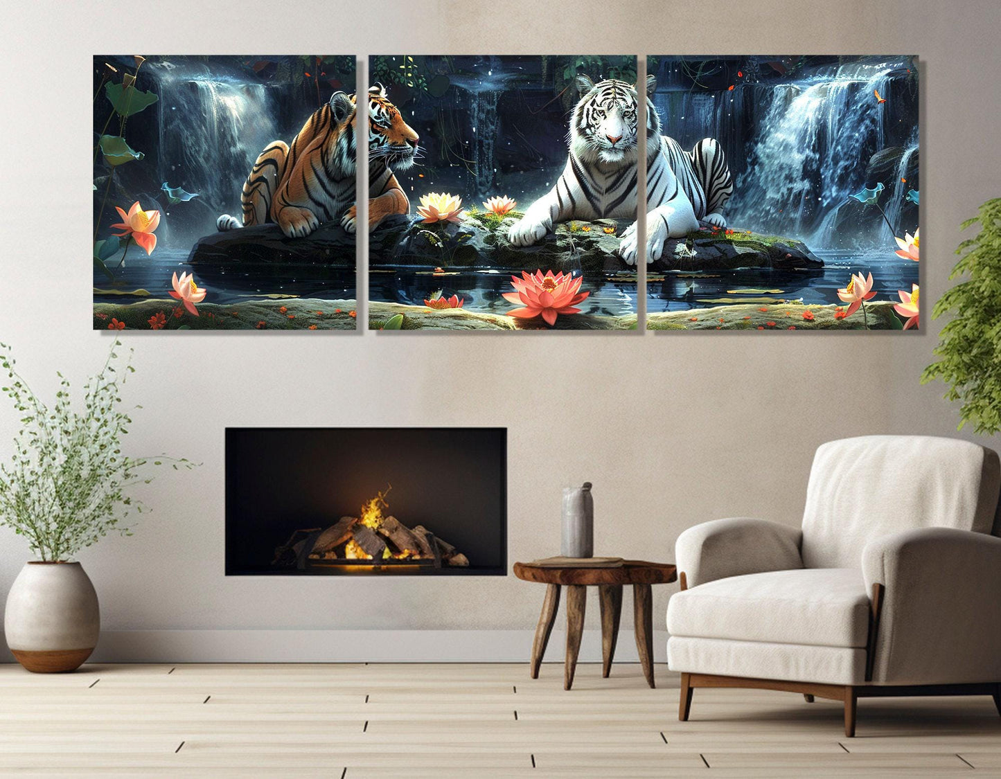 Tigers Wall Art – Scenic Tiger Painting on Cotton Canvas | Large Framed Poster