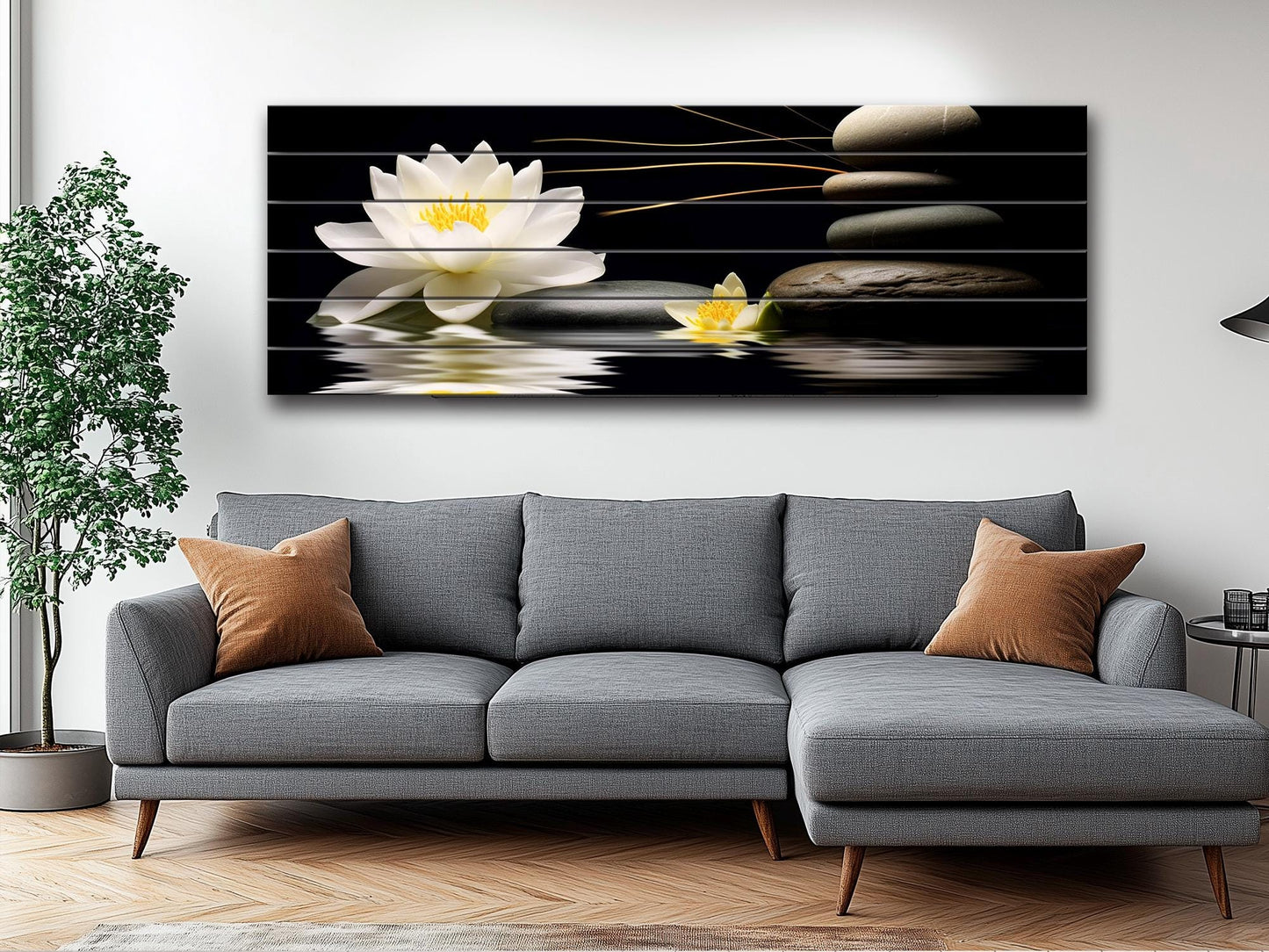 White Lily Wood Print – Natural Wood Wall Art | Zen Spa Decor on Black Background