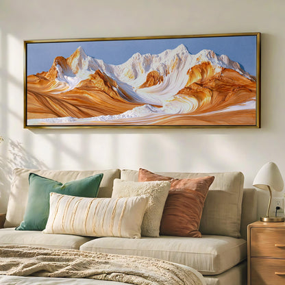a large, framed painting of a mountain landscape hanging on a wall above a beige couch with colorful throw pillows.