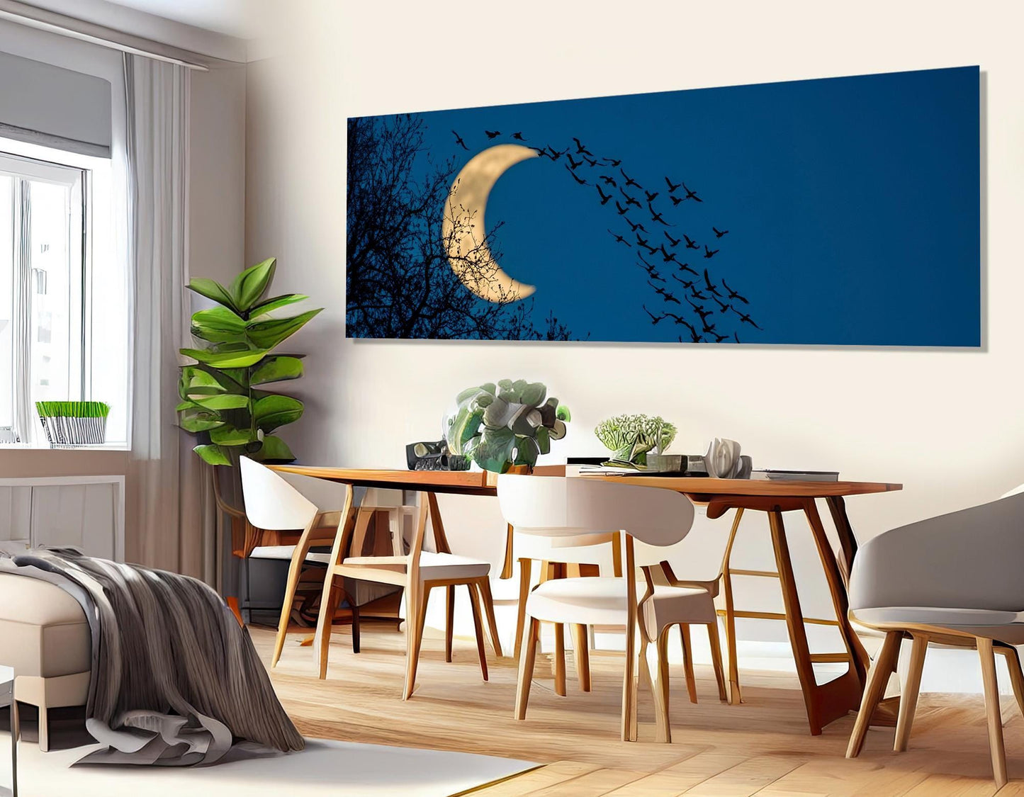 Abstract Night Sky Canvas – Framed Cotton Print with Crescent Moon Art & Birds