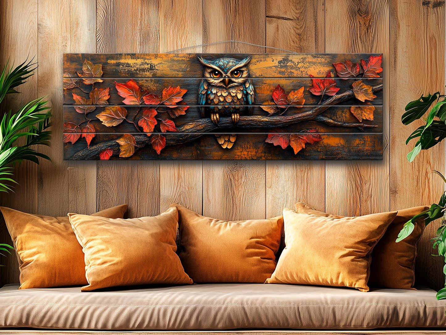 Owl Wood Wall Art – Rustic Autumn Wood Plank Painting with Glowing Fall Leaves