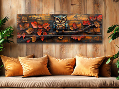 Owl Wood Wall Art – Rustic Autumn Wood Plank Painting with Glowing Fall Leaves
