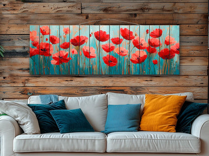 Floral Wood Wall Art – Field of Poppies Print on Natural Linden Wood Planks