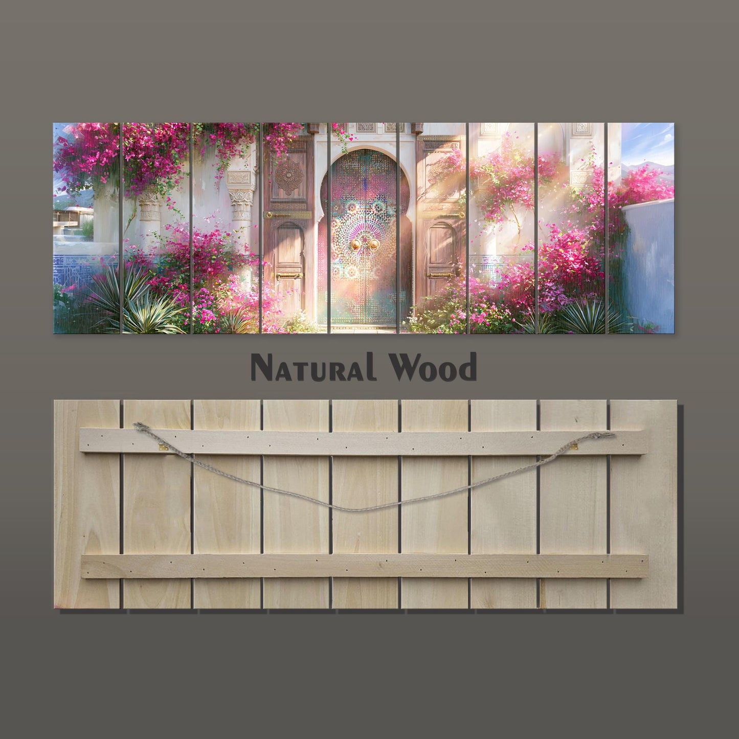 The image is a collage of multiple images depicting a natural wood door and a garden with pink flowers.