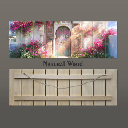 The image is a collage of multiple images depicting a natural wood door and a garden with pink flowers.