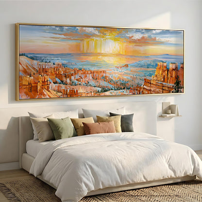 a large, colorful painting of a desert landscape hanging on a wall above a bed with white bedding.