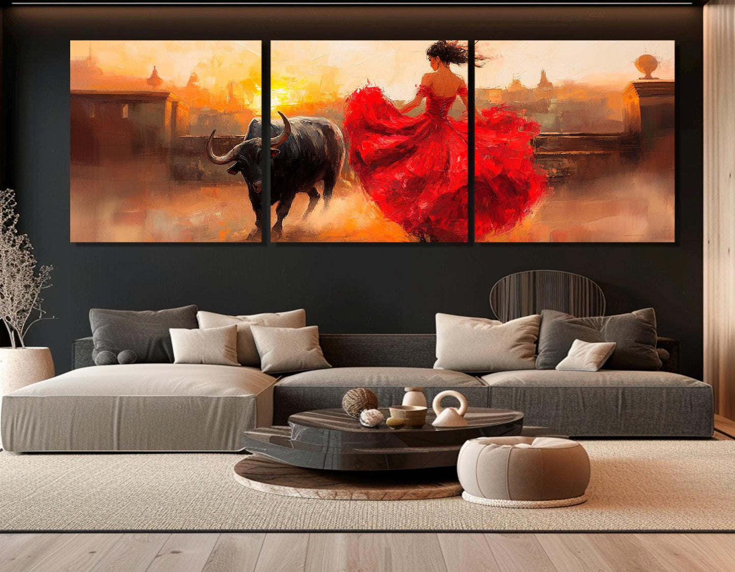 Corrida Painting Canvas – Lady in Red Dress Bullfight Wall Decor, Framed Art