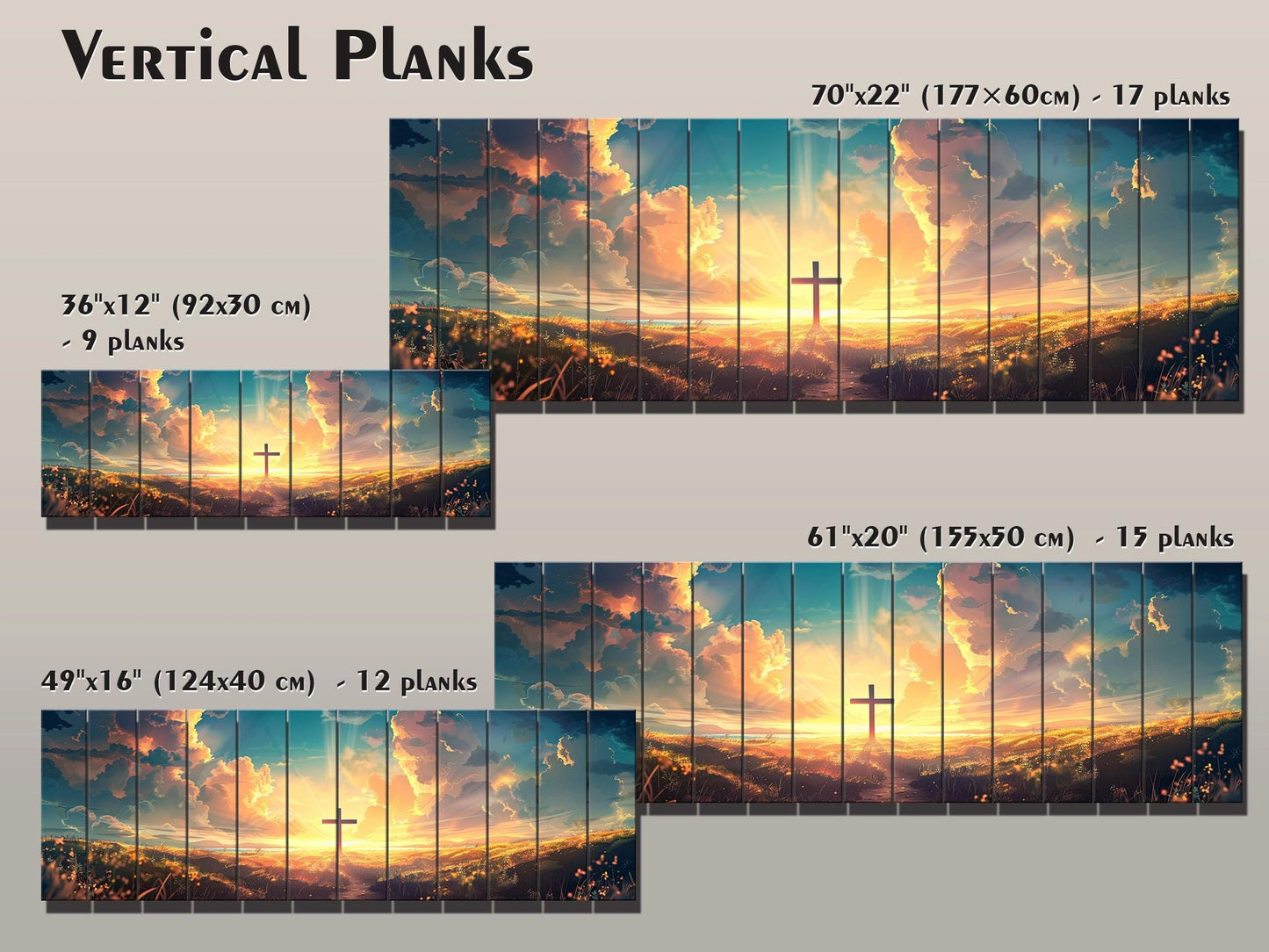 Christian Wood Wall Art – Cross Sunset Painting on Natural Wood Planks | Handcrafted Rustic Farmhouse Decor