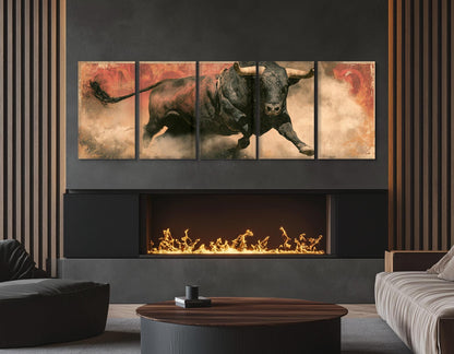 Rodeo Bull Canvas Print, Charging Bull Panorama, Large Western Wall Art, Framed and Ready to Hang