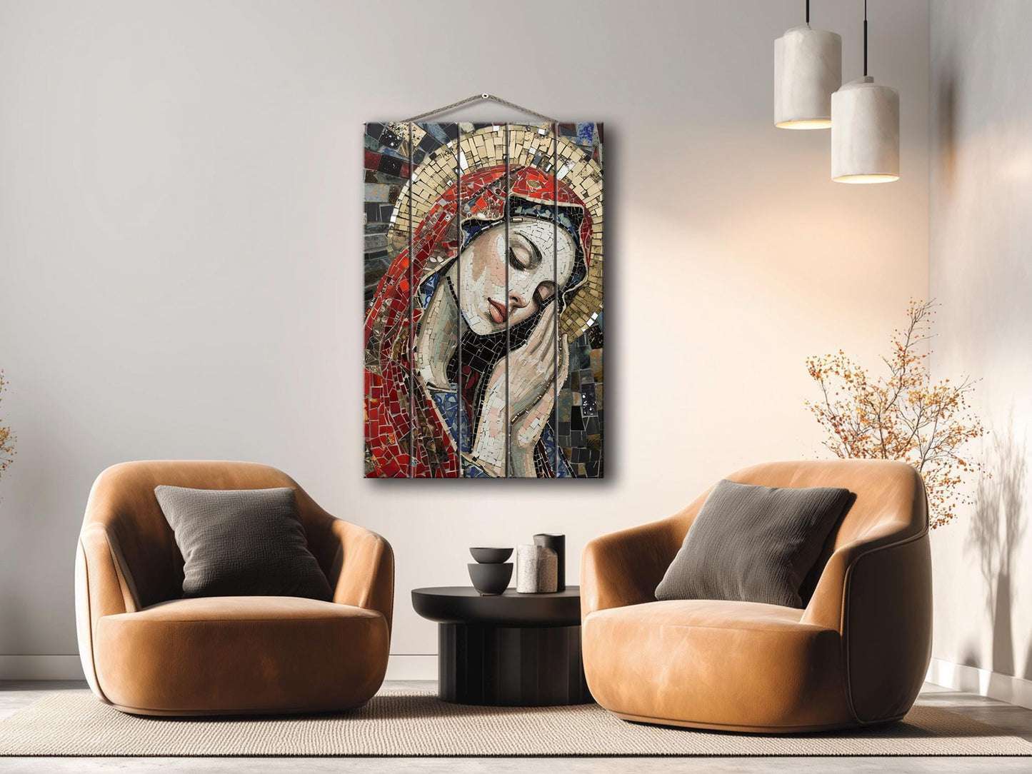 Saint Maria Wood Art – Mosaic Religious Wall Decor on Natural Wood Planks
