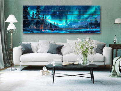 Northern Lights Wall Art – Aurora Borealis Wooden Print on Natural Wood Decor